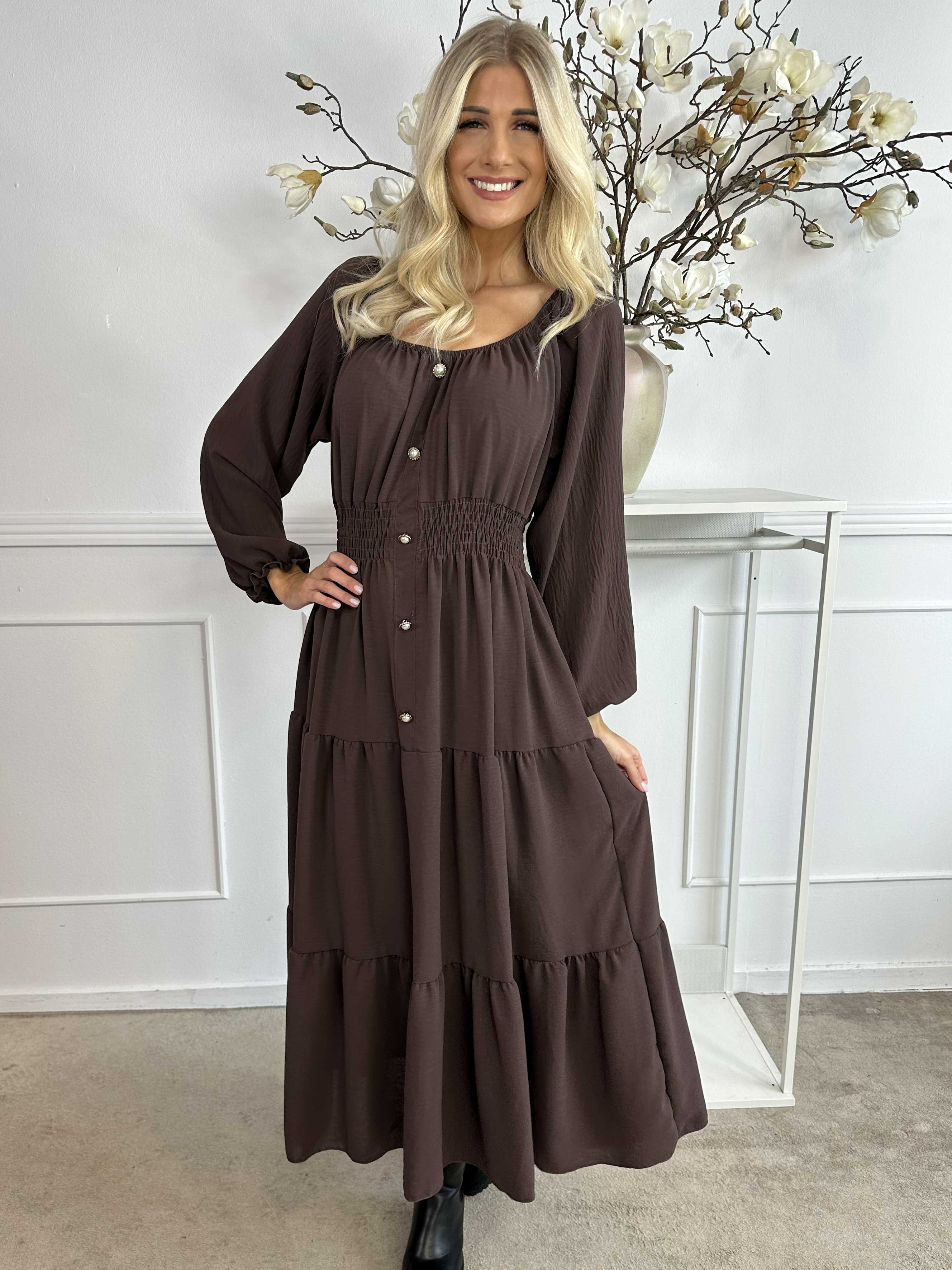 Midnight - Lang kjole med smock i taljen og guld knapper